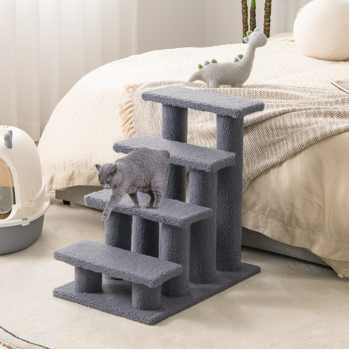 NNECW 4-Step Pet Stairs with Portable Design for Cats and Dogs-Grey