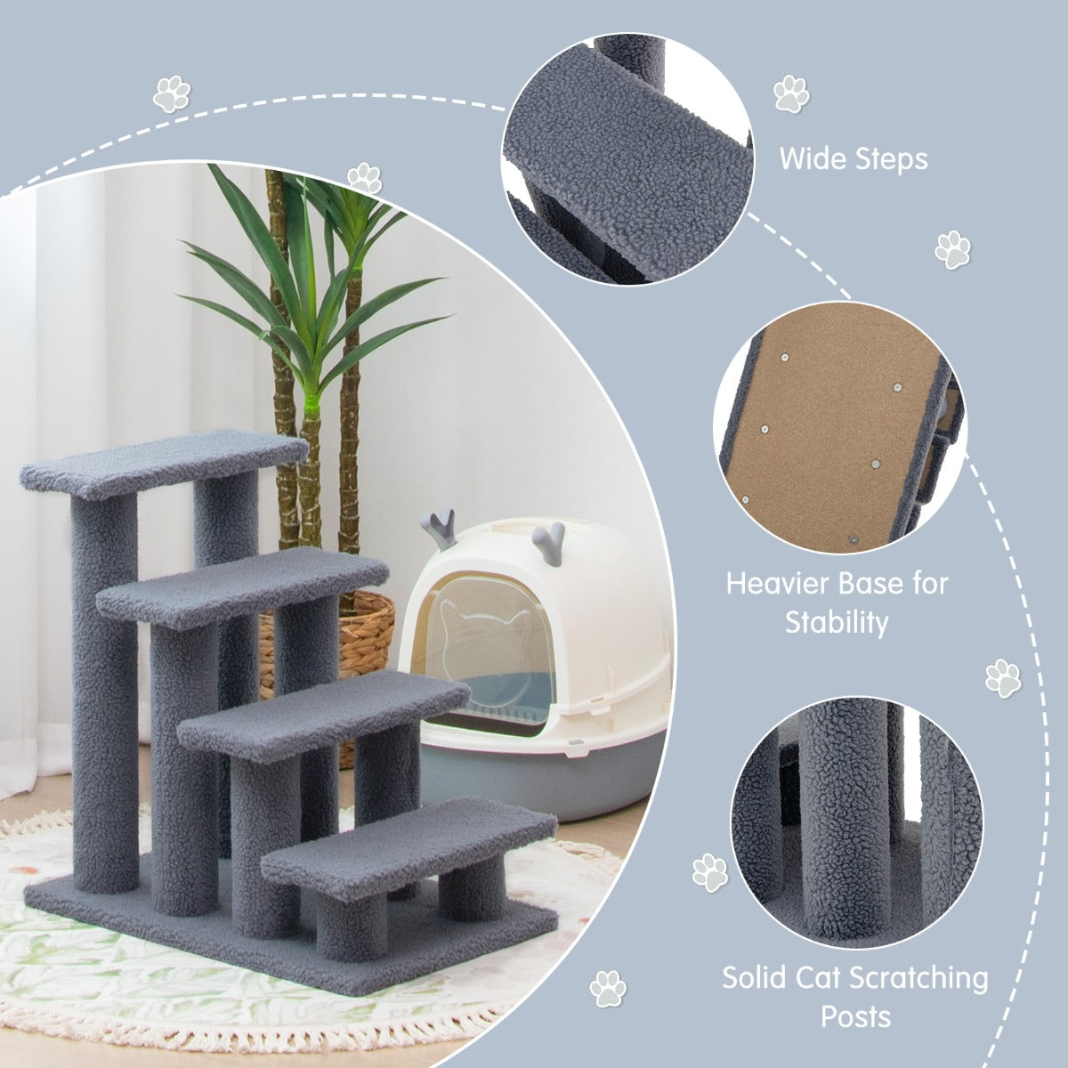 NNECW 4-Step Pet Stairs with Portable Design for Cats and Dogs-Grey