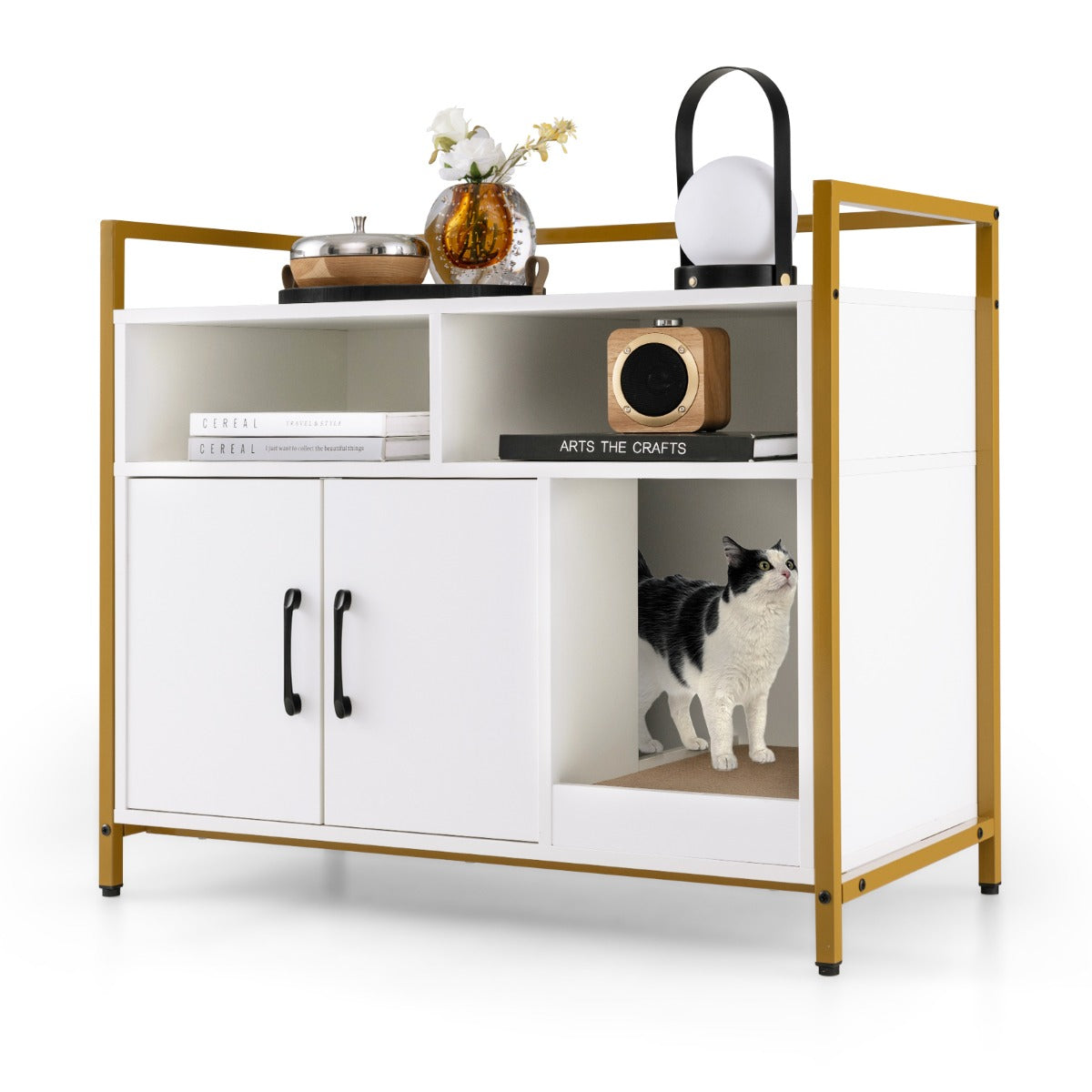 NNECW Cat Litter Box Enclosure with Double Doors &amp; Scratch Cardboard-White