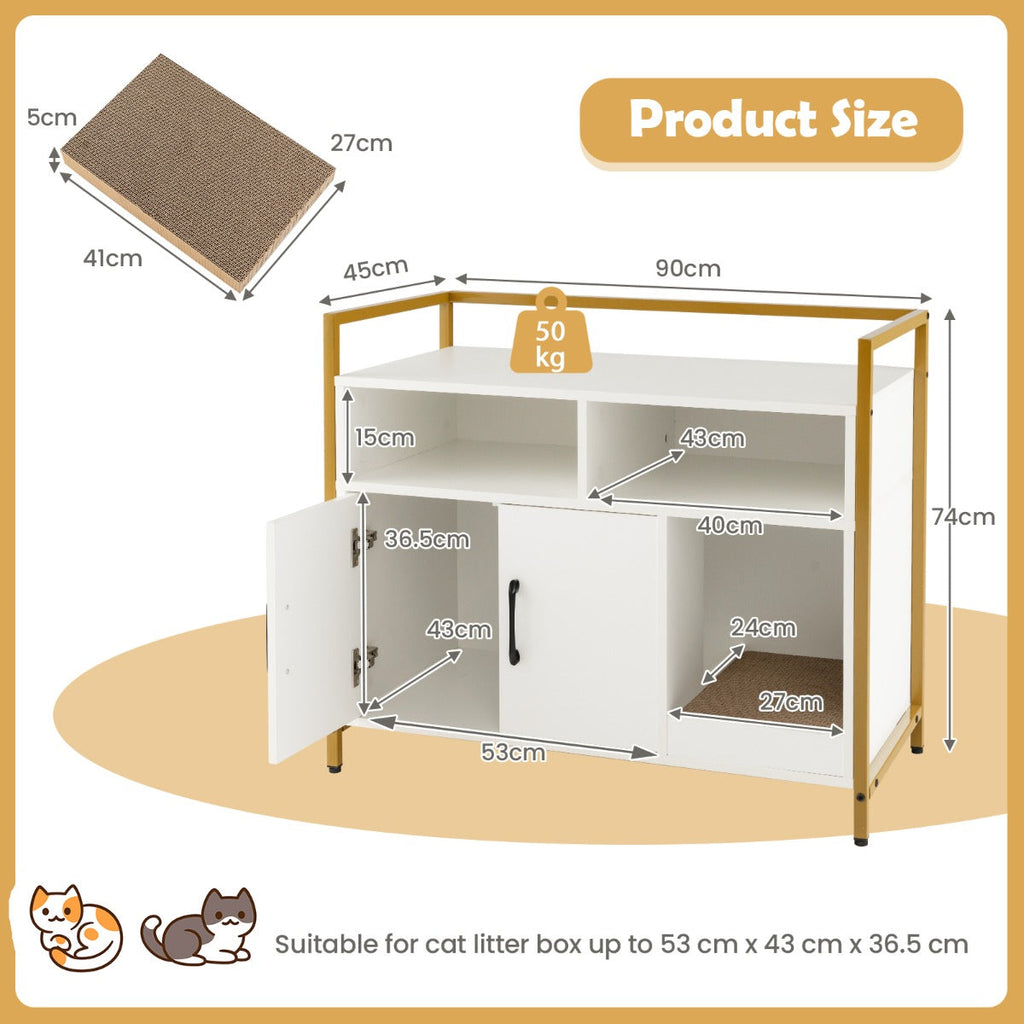 NNECW Cat Litter Box Enclosure with Double Doors &amp; Scratch Cardboard-White