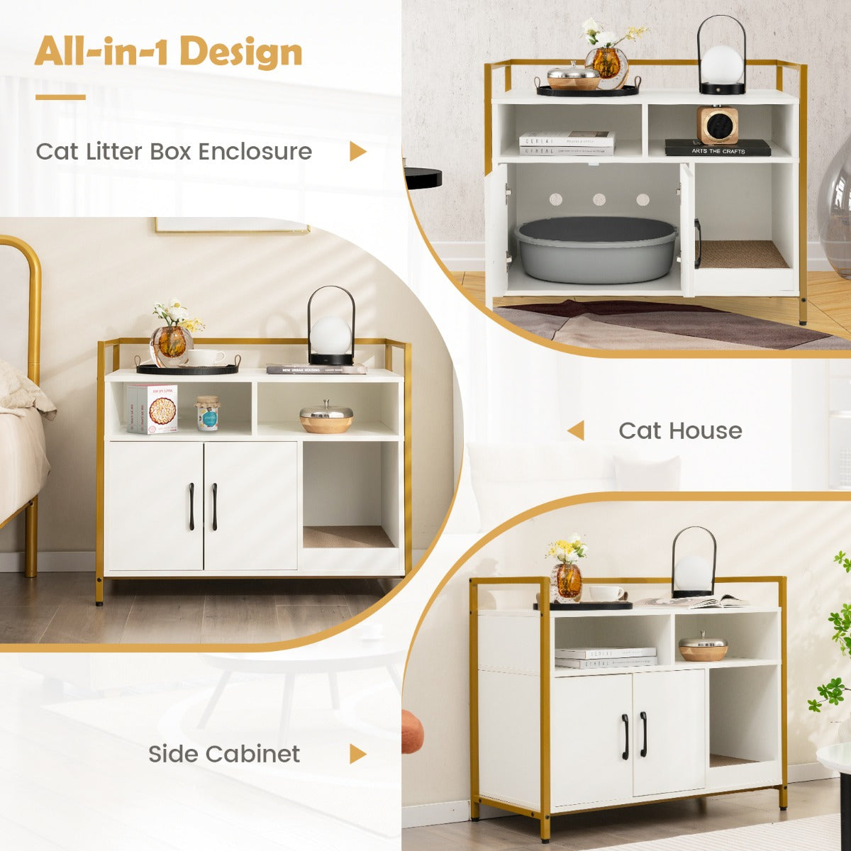 NNECW Cat Litter Box Enclosure with Double Doors &amp; Scratch Cardboard-White