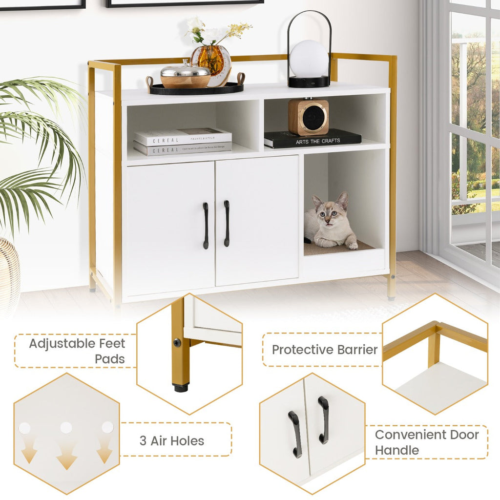 NNECW Cat Litter Box Enclosure with Double Doors &amp; Scratch Cardboard-White