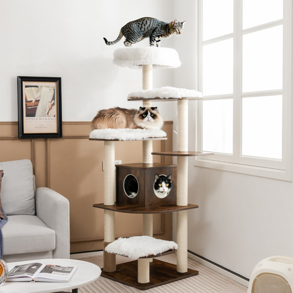 NNECW 179 CM Tall 7-Layer Wooden Cat Tree with Sisal Scratching Posts