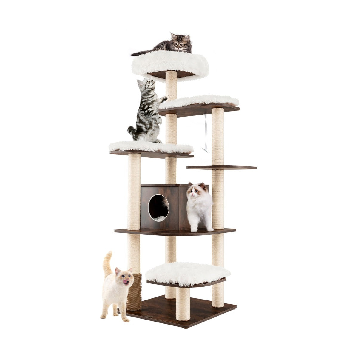 NNECW 179 CM Tall 7-Layer Wooden Cat Tree with Sisal Scratching Posts