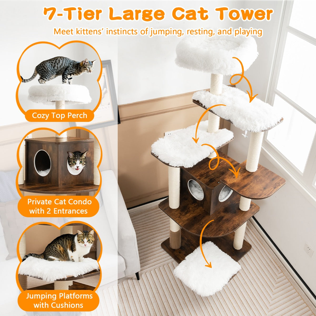 NNECW 179 CM Tall 7-Layer Wooden Cat Tree with Sisal Scratching Posts